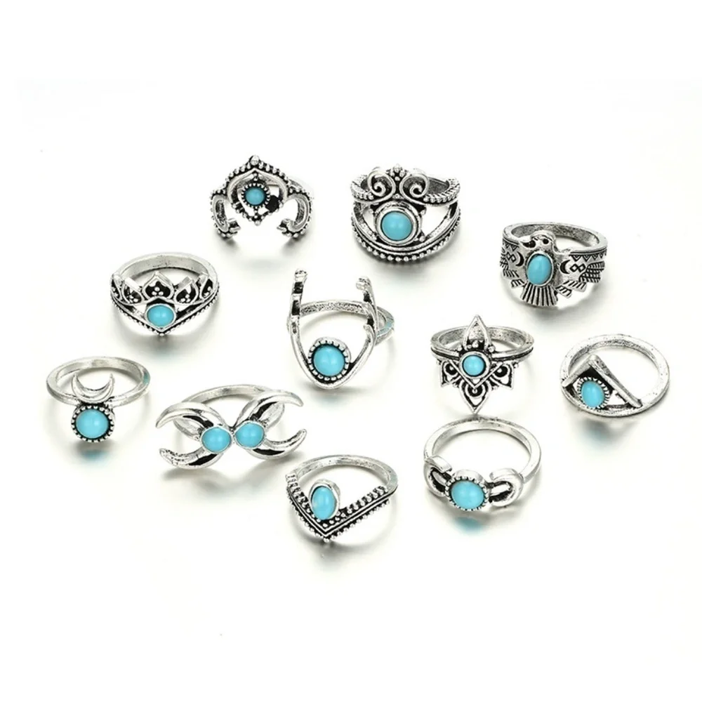 *HALONA* 11-Pc Silver Moon x Turquoise Ring Set